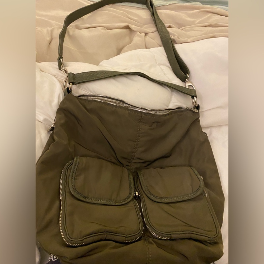 Uec co lab army green cross body purse. 14 inches across and 14 inches height.